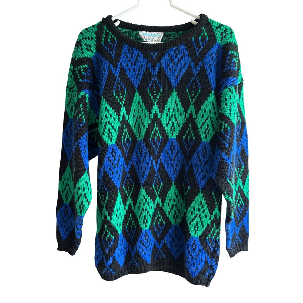 Vintage 80s 90s Knit Sweater Women’s L/XL | Black Blue Green Diamond 100% Cotton
